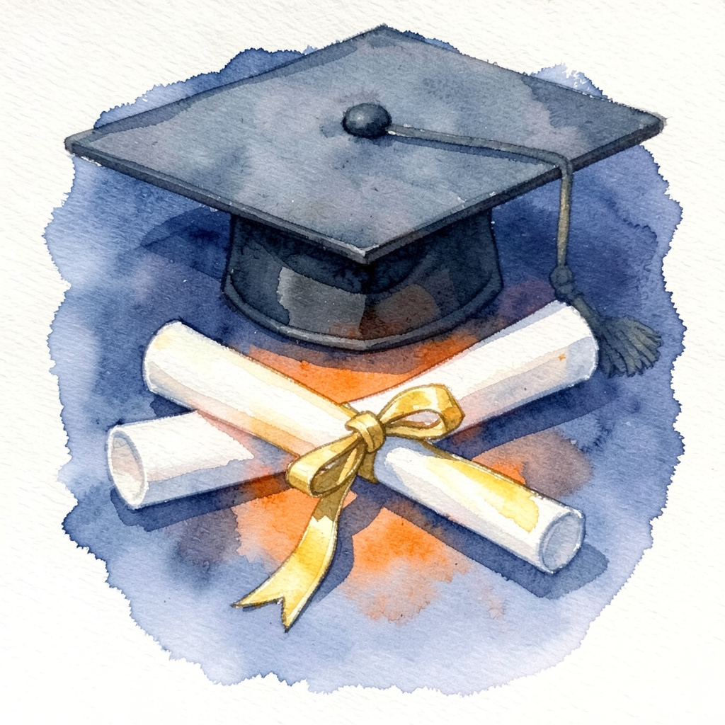 A soft watercolour painting of a mortarboard cap and rolled diploma tied with a gold ribbon, set against a calm navy wash.