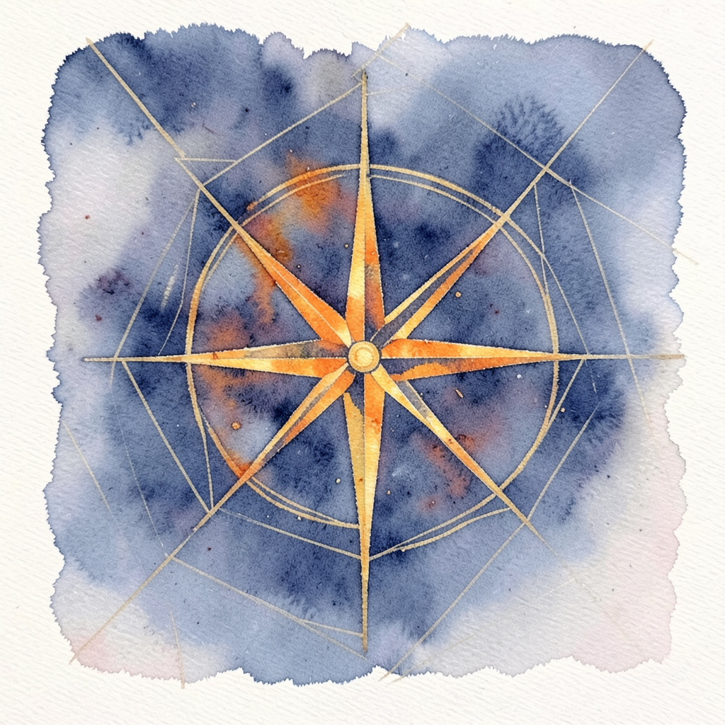 A soft watercolour painting of a compass rose in warm gold on navy, surrounded by subtle abstract geometric lines suggesting direction and growth.